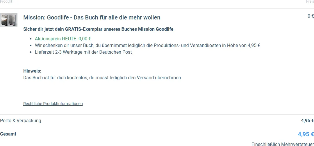 Bestellformular von Mission: Goodlife mit Buchpreis 0 Euro und Porto und Verpackung 4,95 Euro