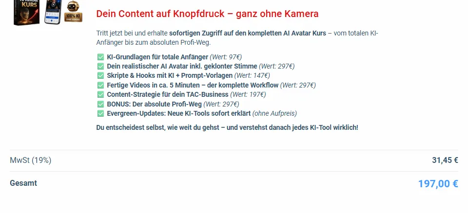 Ausschnitt des Bestellformulars der AI Avatar Masterclass mit den sieben Bausteinen und dem Gesamtpreis von 197 Euro