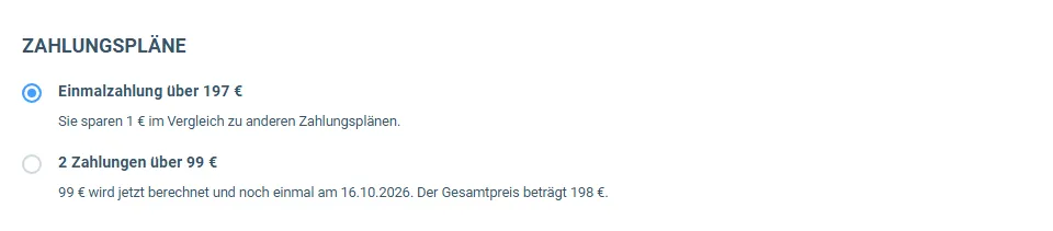 Zahlungspläne im Bestellformular der AI Avatar Masterclass: Einmalzahlung über 197 Euro oder zwei Zahlungen über 99 Euro