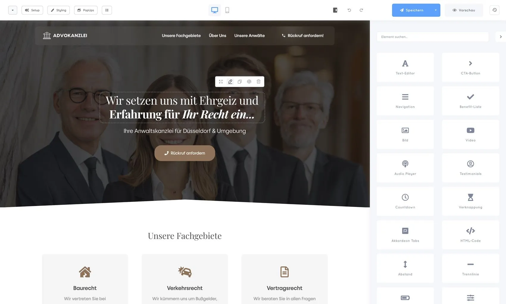 Der FunnelBuilder von FunnelCockpit mit einer Vorlage für eine Anwaltskanzlei und der Leiste mit Elementen wie Text, Button, Video und Countdown