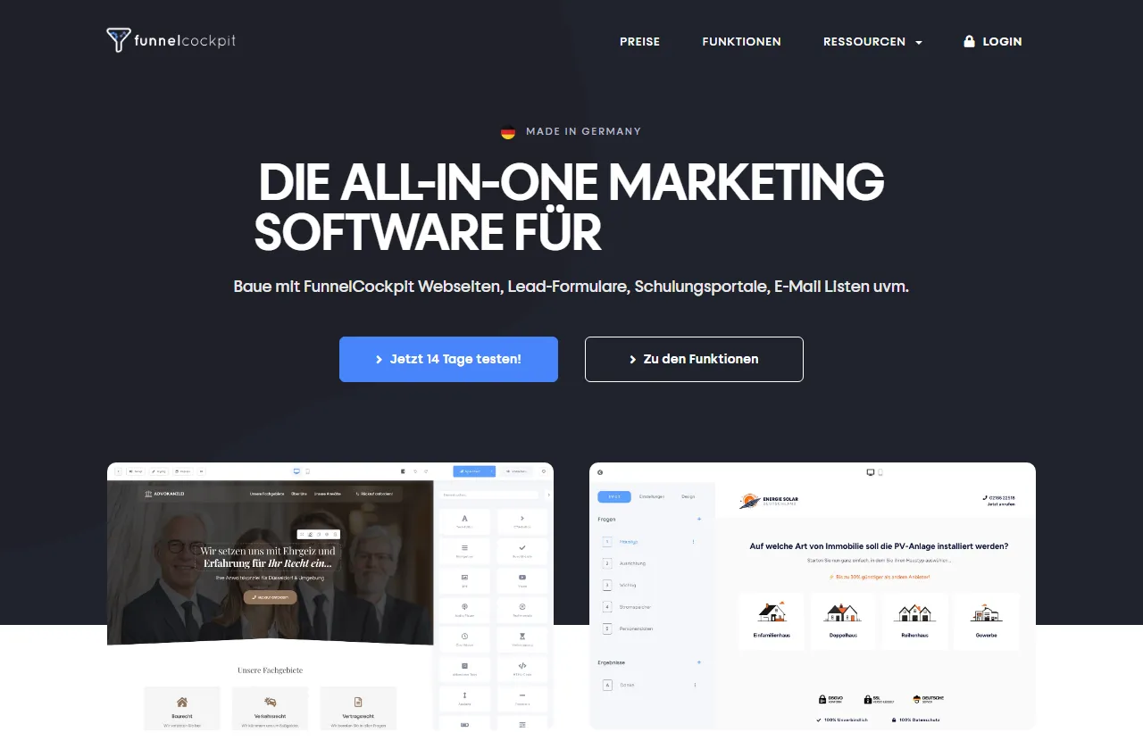 Startseite von FunnelCockpit mit dem Versprechen, Webseiten, Lead-Formulare, Schulungsportale und E-Mail-Listen zu bauen