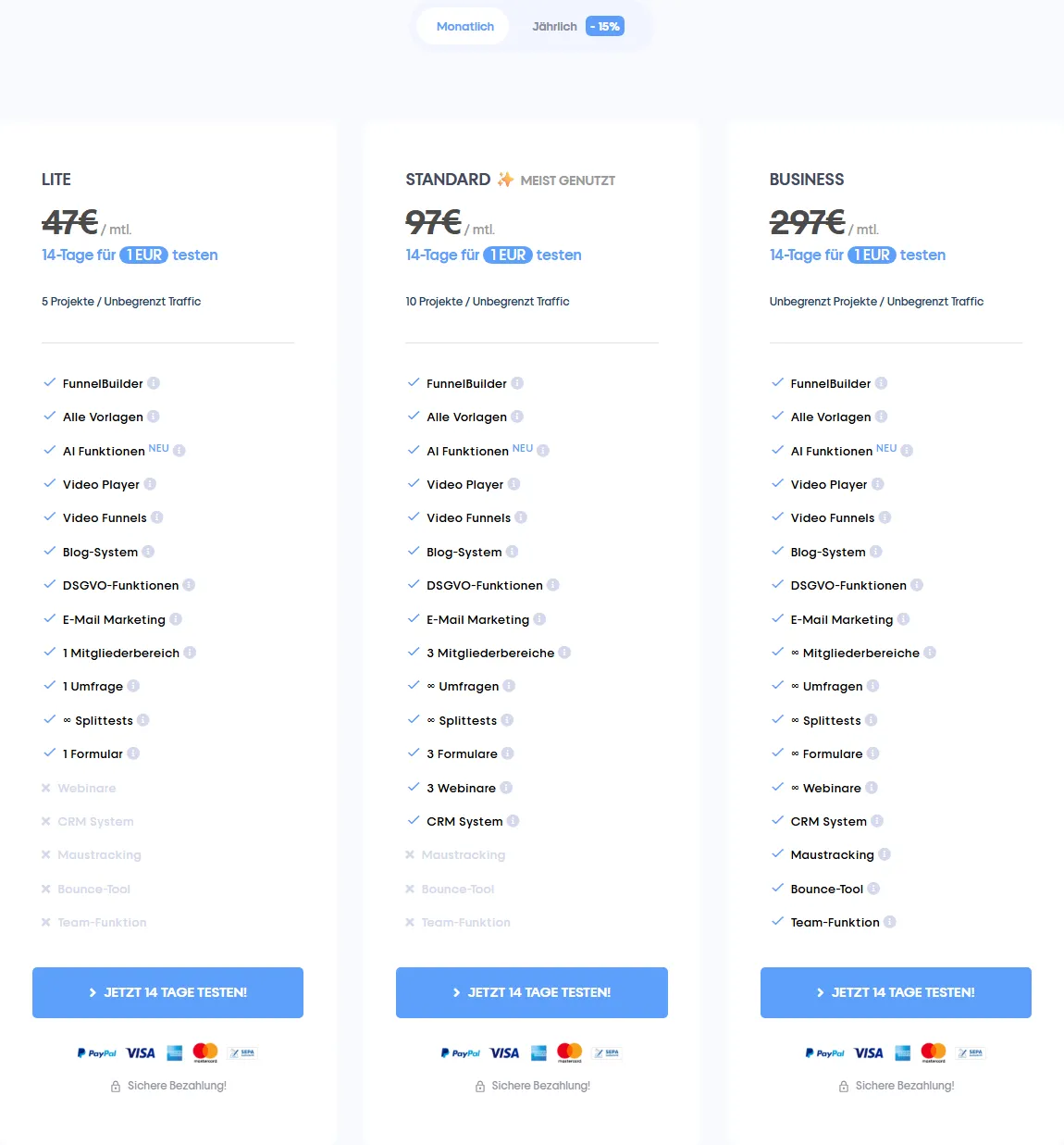 Die drei Tarife Lite, Standard und Business von FunnelCockpit mit Monatspreisen ohne Mehrwertsteuer und dem Hinweis auf 14 Tage für 1 Euro