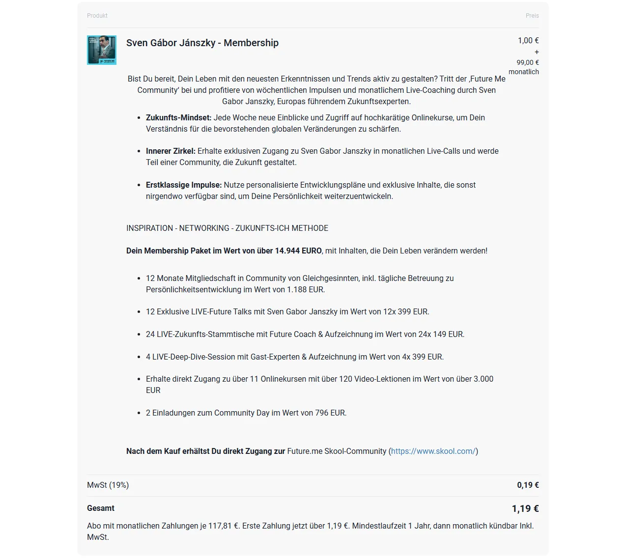 Bestellformular der Sven Gábor Jánszky Membership mit 1,19 Euro erster Zahlung und monatlich 117,81 Euro
