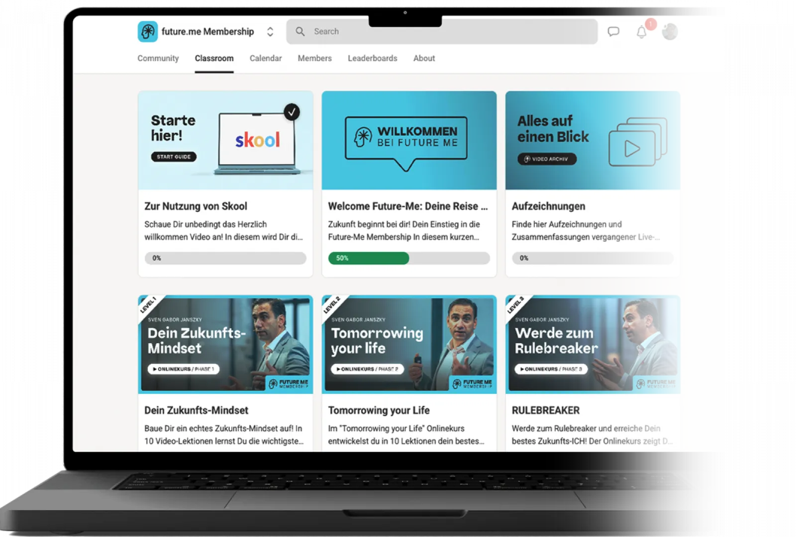 Laptop mit der Kursübersicht der Future.me Membership und Kurskarten wie Dein Zukunfts-Mindset