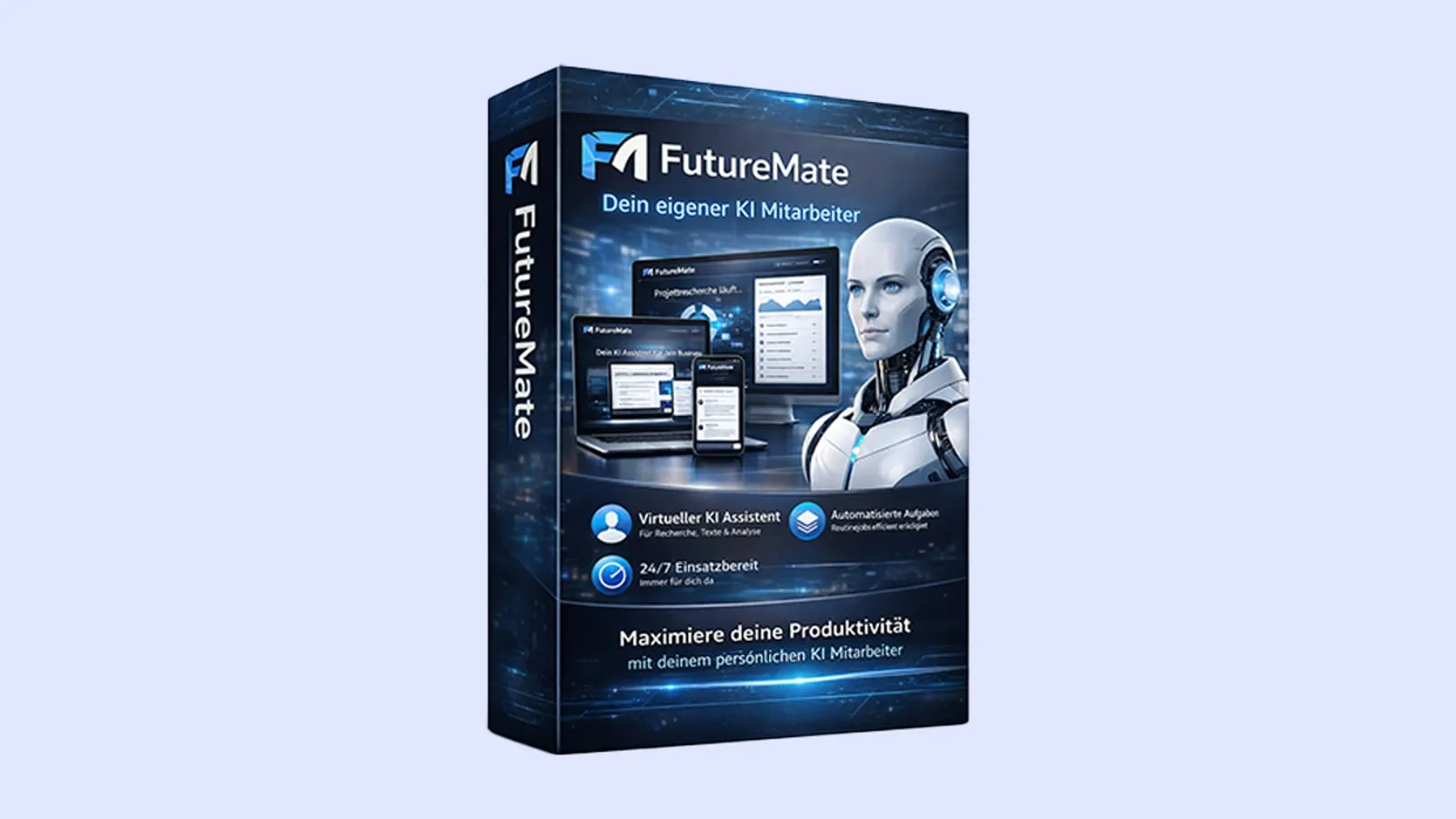 Produktbox von FutureMate mit einem humanoiden Roboter vor Bildschirmen auf hellblauem Hintergrund