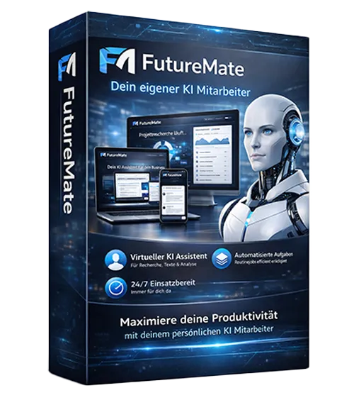 Dunkle Produktbox von FutureMate - Dein eigener KI-Mitarbeiter mit einem Roboter und mehreren Bildschirmen