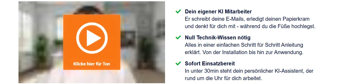 Ausschnitt der Kursseite mit Videofeld und drei Vorteilen: eigener KI-Mitarbeiter, kein Technikwissen nötig, sofort einsatzbereit