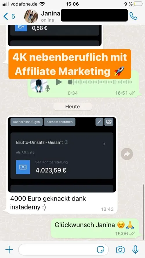 WhatsApp-Screenshot von Janina: 4.023,59 € Umsatz nebenberuflich mit Affiliate Marketing dank Instademy