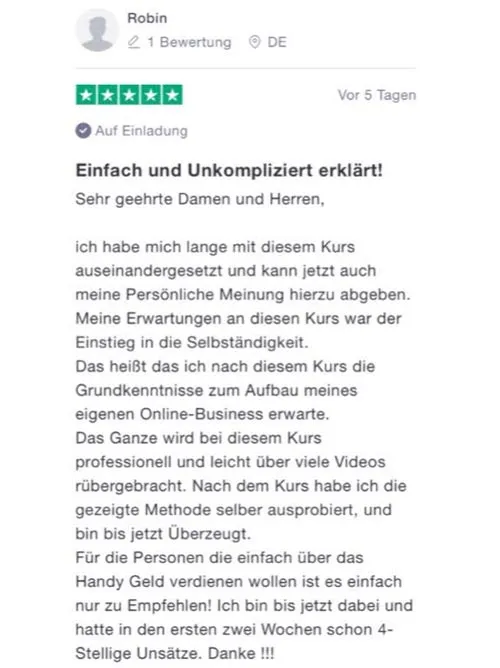 Fünf-Sterne-Bewertung von Robin: Instademy einfach und unkompliziert erklärt