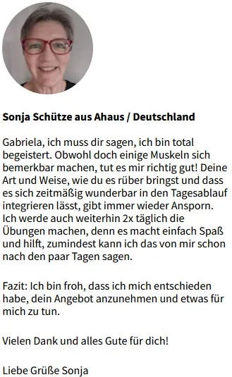 Kundenbrief von Sonja Schütze aus Ahaus, die von den Pilates-Übungen von Gabriela Höper begeistert ist