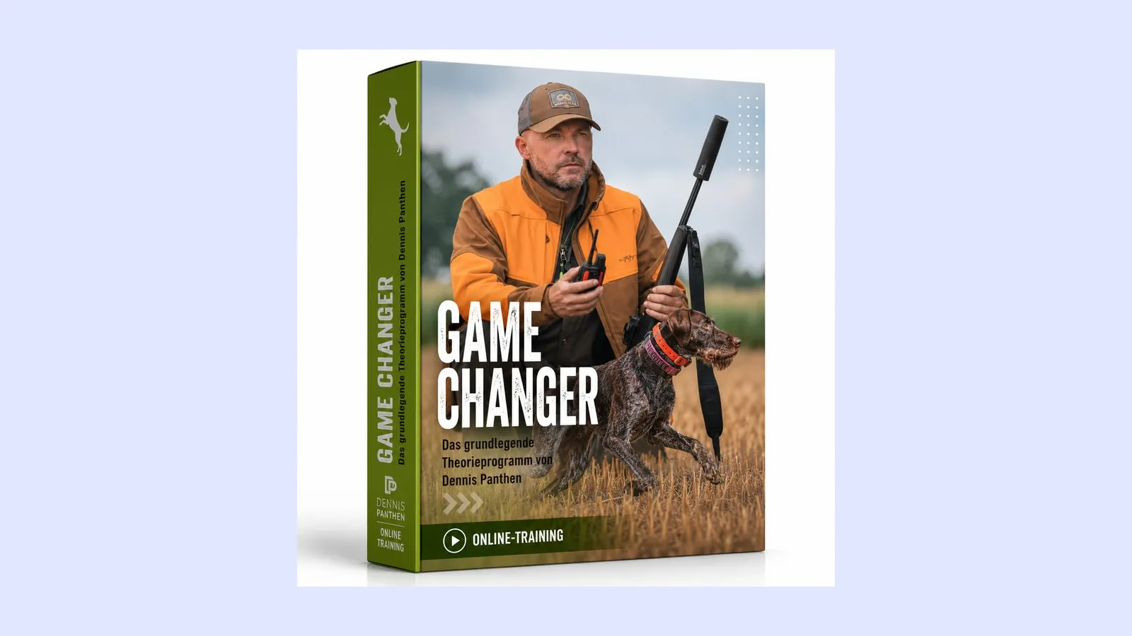 Kursbox von Gamechanger mit einem Mann in oranger Jacke und einem Jagdhund auf einem Stoppelfeld
