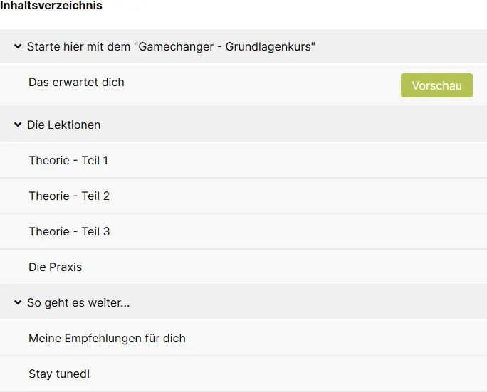 Inhaltsverzeichnis von Gamechanger mit Startlektion, drei Theorieteilen, der Praxislektion und dem Kapitel So geht es weiter