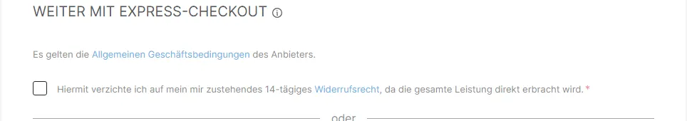 Bestellformular von Gamechanger mit dem Hinweis auf die Geschäftsbedingungen und dem Häkchen zum Verzicht auf das 14-tägige Widerrufsrecht