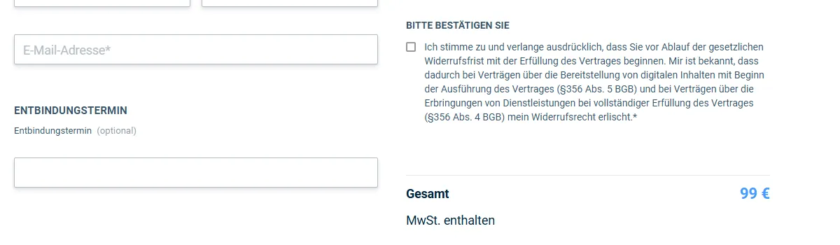 Bestätigung zum Widerrufsrecht im Bestellformular des Geburtsvorbereitung Onlinekurses, darunter der Gesamtbetrag von 99 Euro