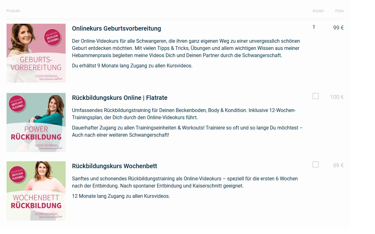 Bestellformular mit dem Onlinekurs Geburtsvorbereitung für 99 Euro und zwei Rückbildungskursen für 100 und 69 Euro zum Ankreuzen