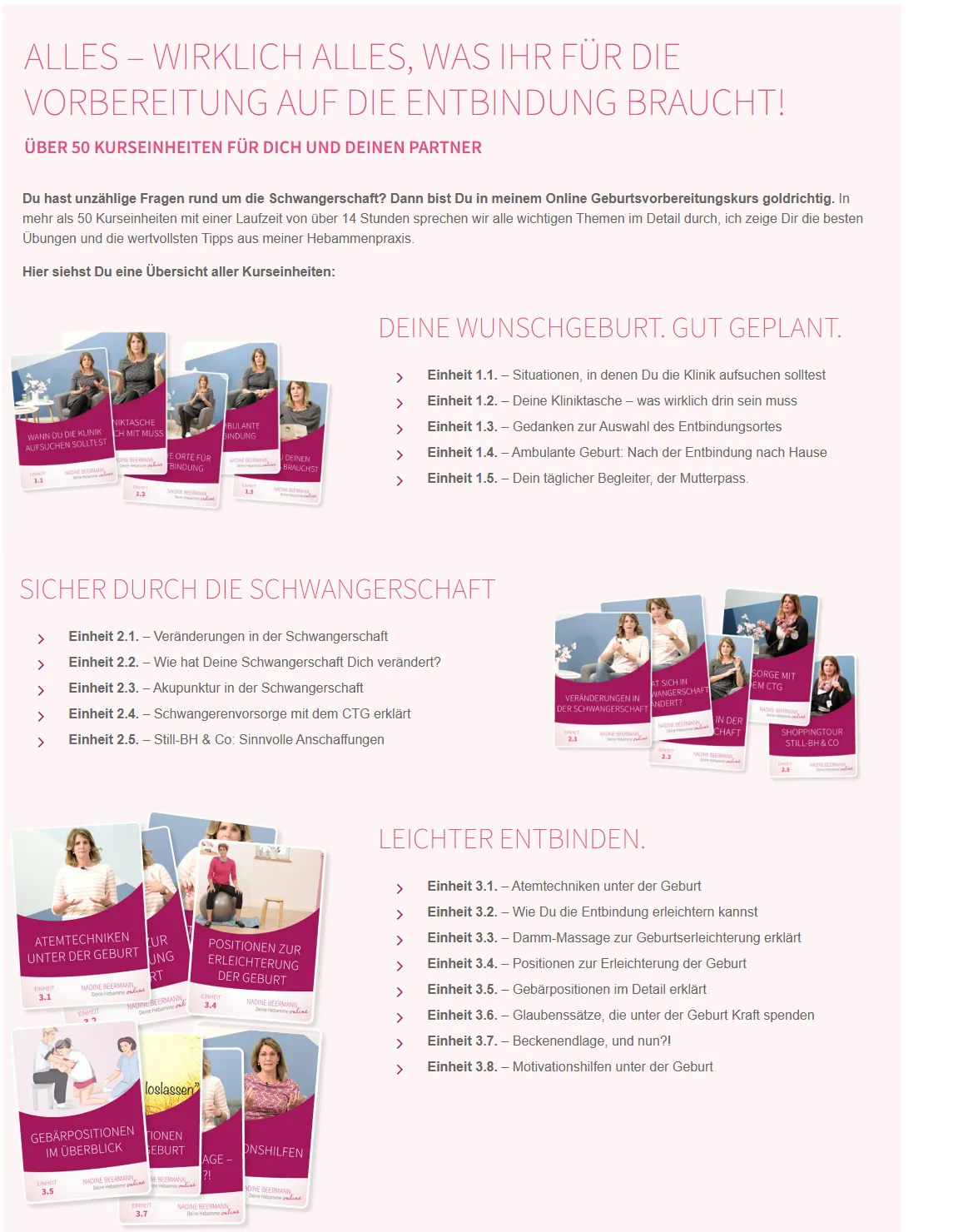 Ausschnitt der Anmeldeseite mit den ersten drei Themenblöcken und ihren Einheiten, darunter Kliniktasche, CTG und Damm-Massage