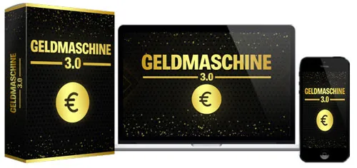 Schwarz-goldene Kursbox der Geldmaschine 3.0 neben Laptop und Smartphone mit dem Kurs
