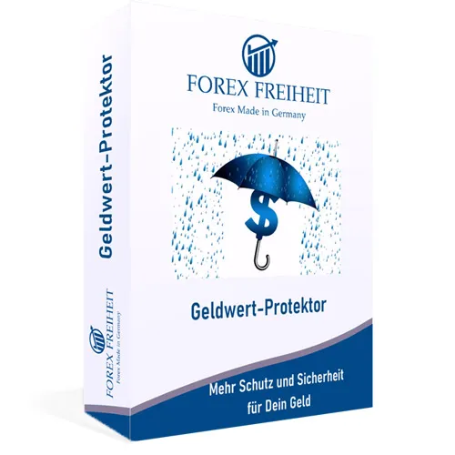 Kursbox des Geldwert-Protektor von Forex Freiheit mit Regenschirm und Dollarzeichen