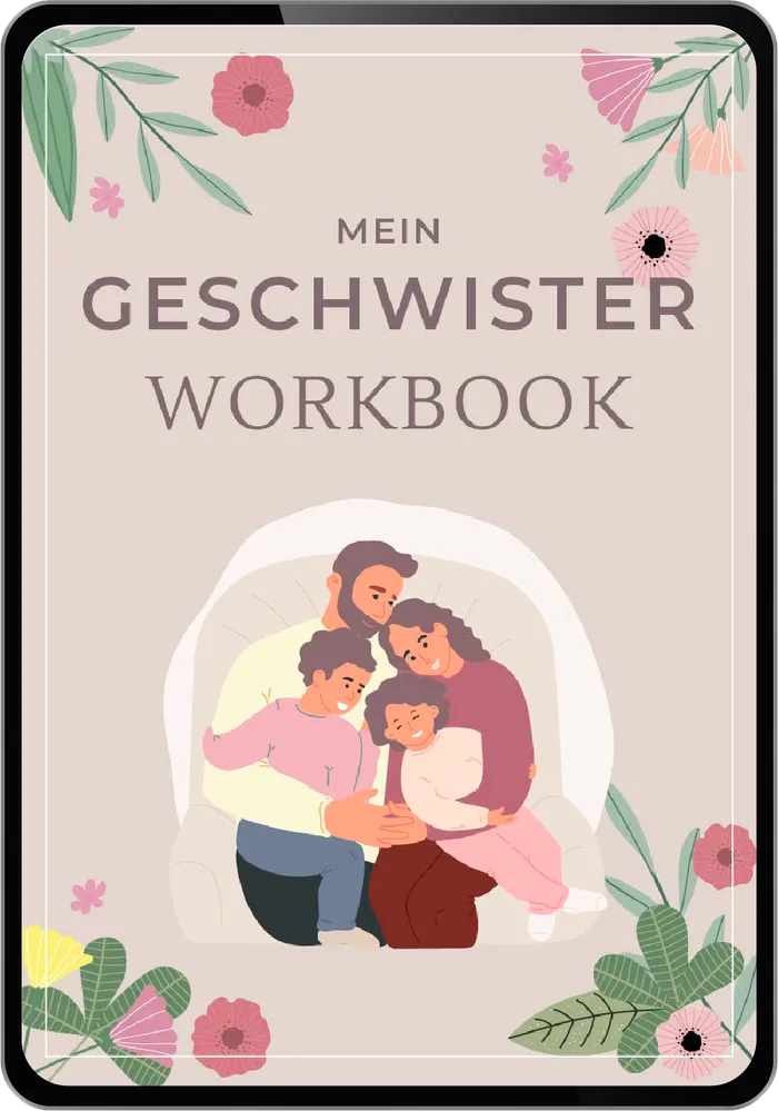 Tablet mit dem Deckblatt des Geschwister-Workbooks aus dem großen Geschwisterkurs
