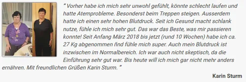 Kundenstimme von Karin Sturm zum Gesund macht schlank Programm: rund 27 kg abgenommen und Blutdruck im Normalbereich