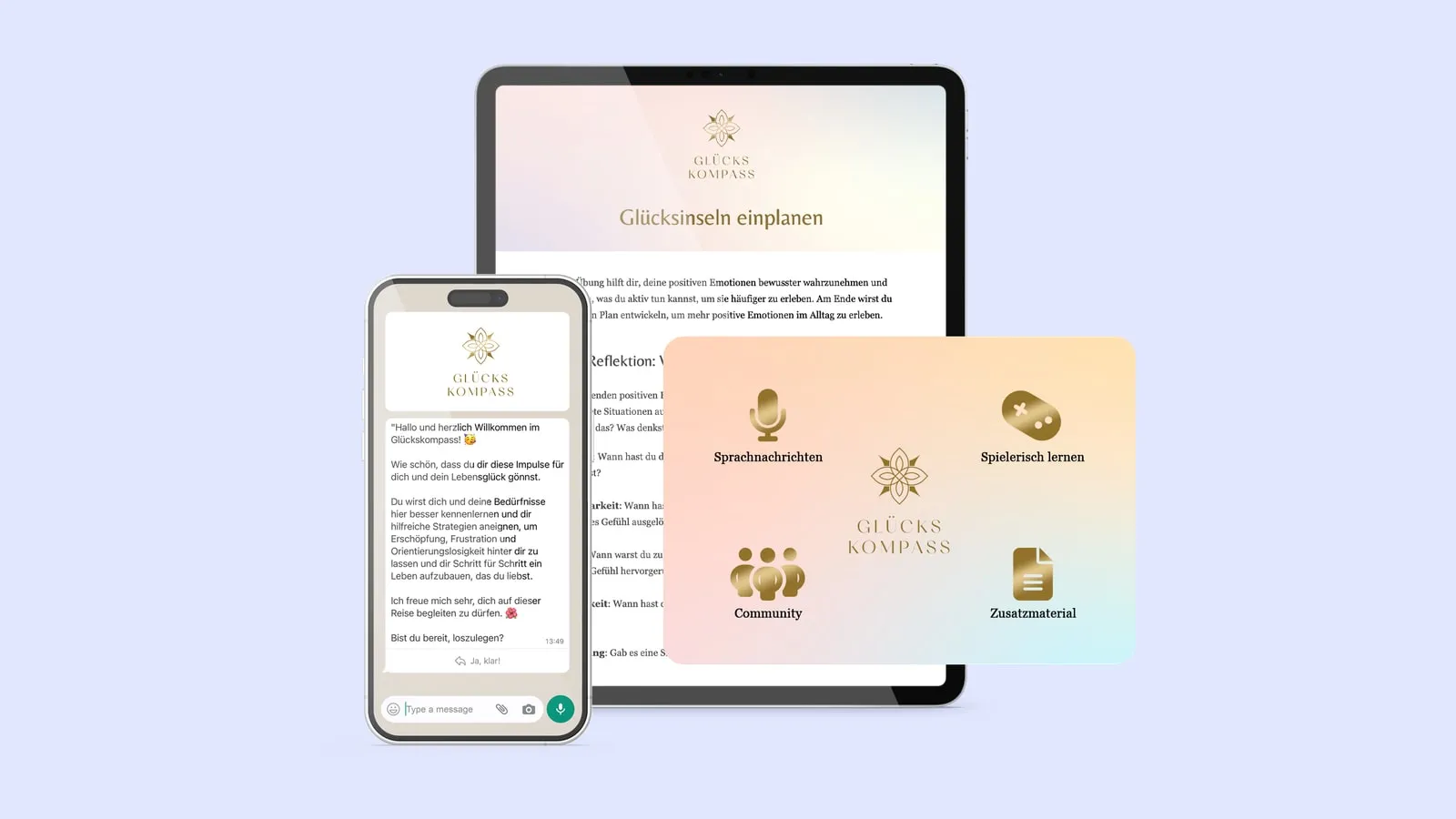 Glückskompass von Katharina Tempel auf Smartphone und Tablet mit den Bereichen Sprachnachrichten, Community, spielerisch lernen und Zusatzmaterial