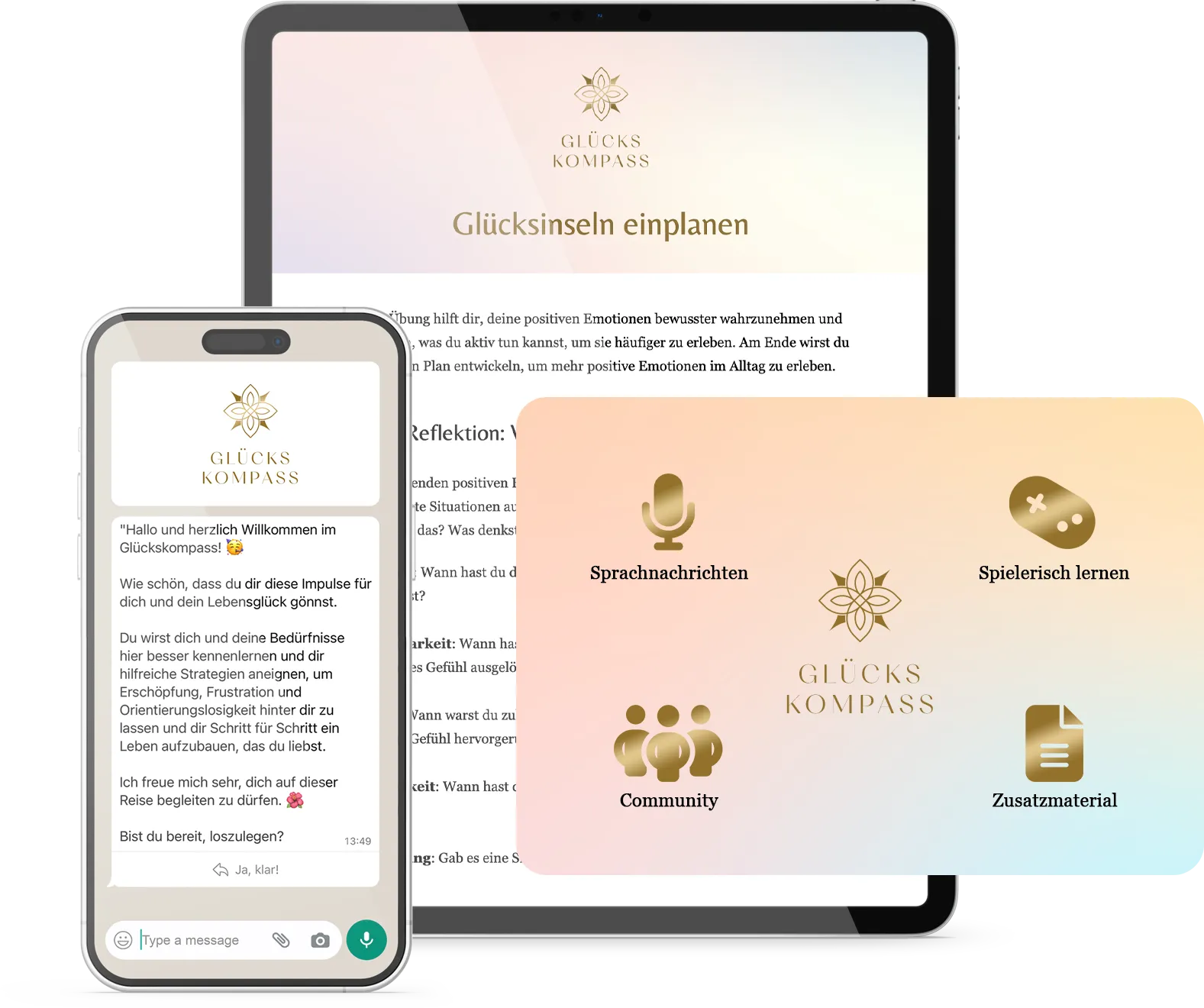 Glückskompass auf Smartphone und Tablet, daneben eine Karte mit Sprachnachrichten, Community, spielerisch lernen und Zusatzmaterial