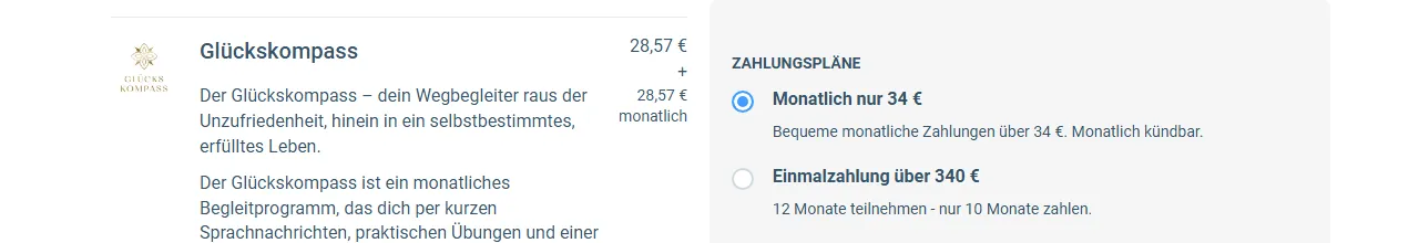 Bestellformular des Glückskompass mit den Zahlungsplänen Monatlich nur 34 Euro und Einmalzahlung über 340 Euro