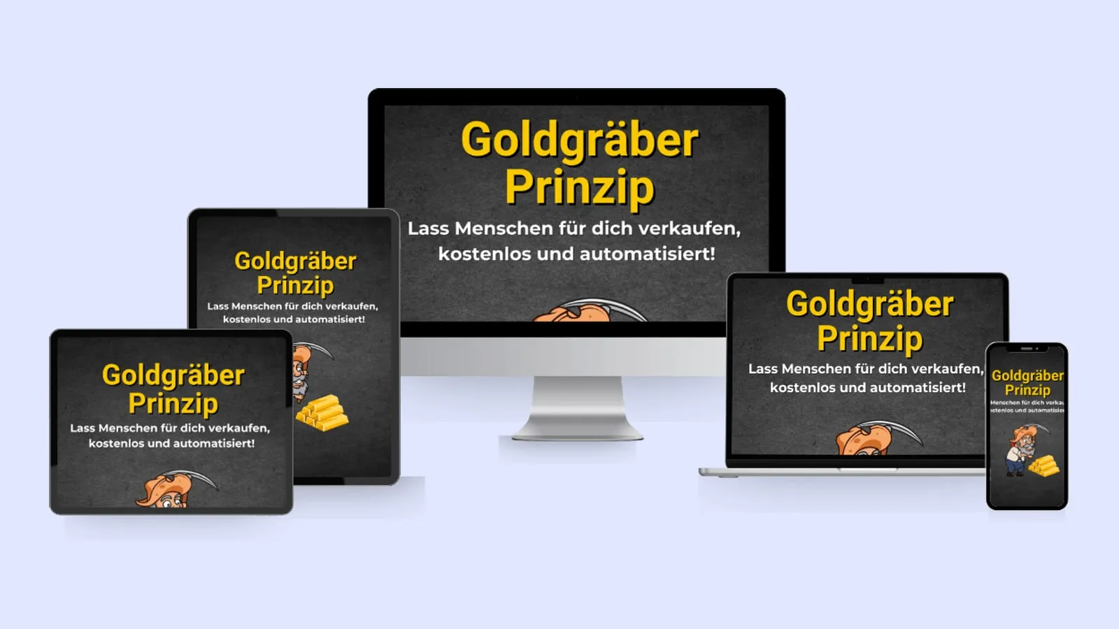 Kursgrafik Das Goldgräber Prinzip auf Monitor, Laptop, Tablets und Smartphone mit gelbem Schriftzug und Goldgräber-Figur