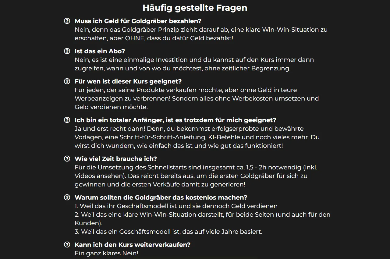 Häufige Fragen auf der Kursseite des Goldgräber Prinzips zu Bezahlung, Abo, Zielgruppe, Anfängern, Zeitaufwand und Weiterverkauf