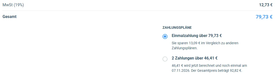 Bestellformular Das Goldgräber Prinzip mit 12,73 Euro Mehrwertsteuer, Gesamtpreis 79,73 Euro und den Zahlungsplänen Einmalzahlung oder zwei Zahlungen zu 46,41 Euro