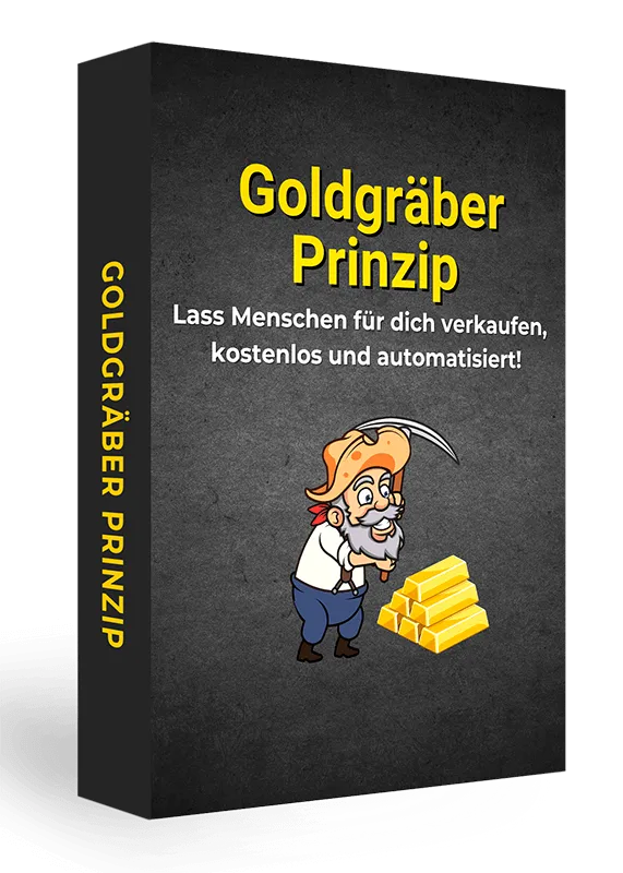 Produktschachtel Das Goldgräber Prinzip mit gelbem Schriftzug, Goldgräber-Figur und Goldbarren