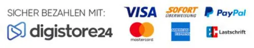 Zahlungsmethoden für Gramstar über Digistore24: Visa, Sofortüberweisung, PayPal, Mastercard, American Express und Lastschrift
