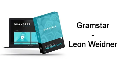 Laptop mit Gramstar-Mitgliederbereich und Kursbox neben dem Schriftzug Gramstar – Leon Weidner