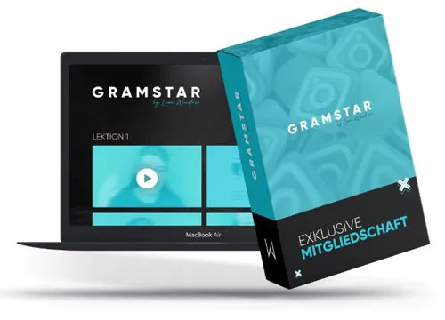 Laptop mit dem Gramstar-Mitgliederbereich und die Kursbox Exklusive Mitgliedschaft von Leon Weidner