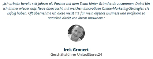 Kundenstimme von Irek Gronert über die Zusammenarbeit mit dem Team hinter Gründer.de
