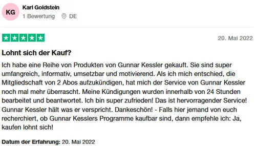 Fünf-Sterne-Bewertung von Karl Goldstein: Lohnt sich der Kauf von Produkten von Gunnar Kessler?