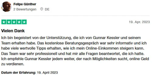 Fünf-Sterne-Bewertung von Felipe Günther: begeistert von der Unterstützung von Gunnar Kessler und seinem Team