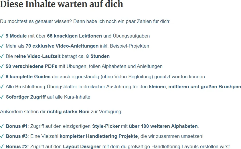 Kursseite des großen Handlettering Online Kurses mit der Liste der Inhalte und Boni