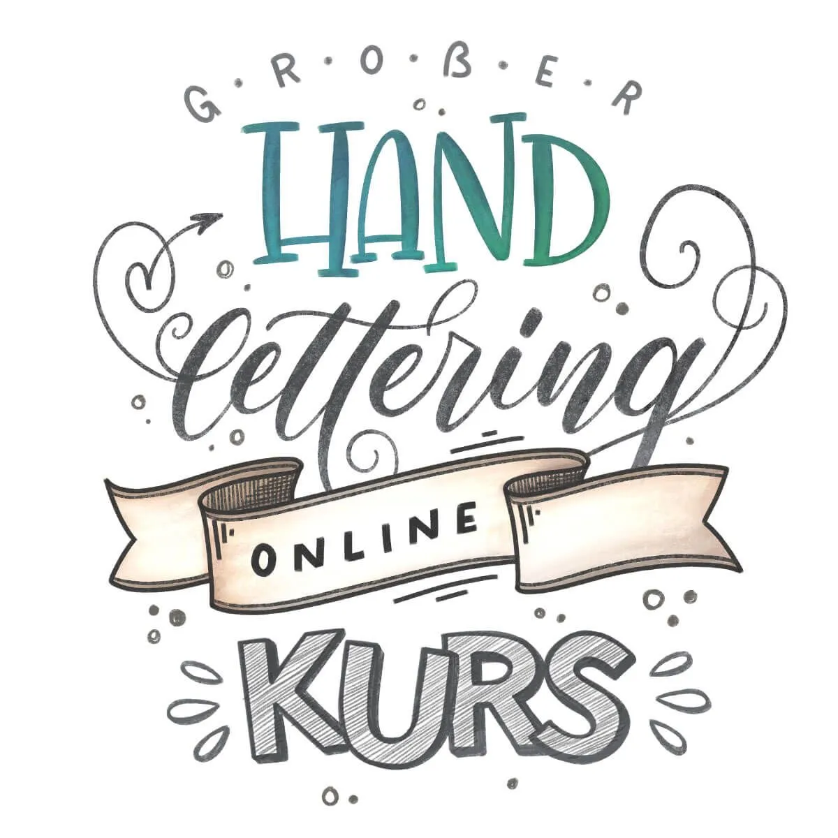 Handgeletterter Schriftzug Großer Handlettering Online Kurs mit Schnörkeln und Banderole