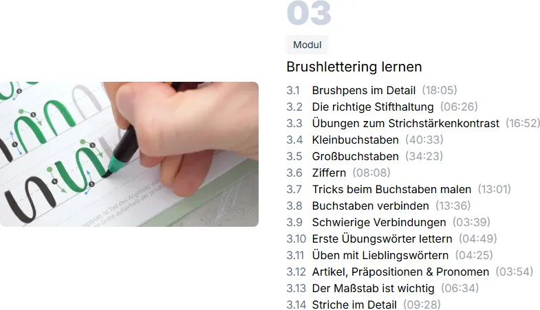 Inhaltsverzeichnis des Moduls Brushlettering lernen mit 14 Lektionen und Laufzeiten auf Manylearn