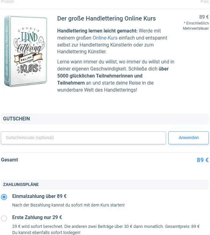 Bestellformular des großen Handlettering Online Kurses mit 89 Euro inklusive Mehrwertsteuer und zwei Zahlungsplänen
