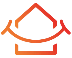 Orangefarbenes Logo des Happiness House in Form eines lächelnden Hauses