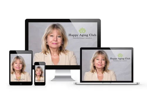 Barbara Formann auf Bildschirm, Laptop, Tablet und Smartphone mit dem Logo des Happy Aging Clubs