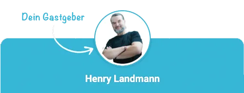 Porträt von Henry Landmann mit verschränkten Armen, darüber der Schriftzug Dein Gastgeber
