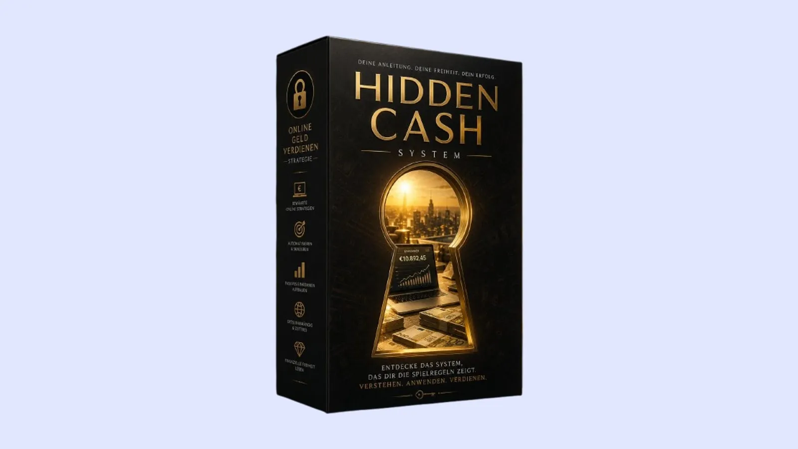 Produktbox des Hidden Cash System mit goldenem Schlüsselloch, Stadtansicht und Laptop