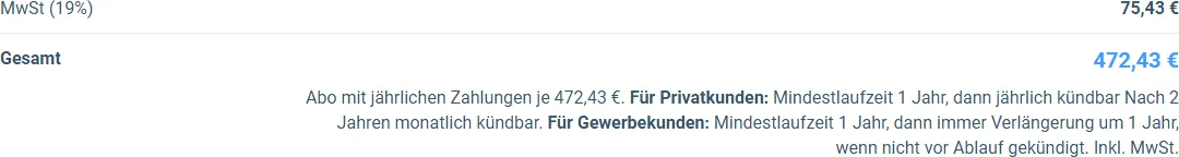 Bestellformular des Hidden Cash System mit 75,43 Euro Mehrwertsteuer, Gesamtbetrag 472,43 Euro und den Laufzeiten des Jahresplans
