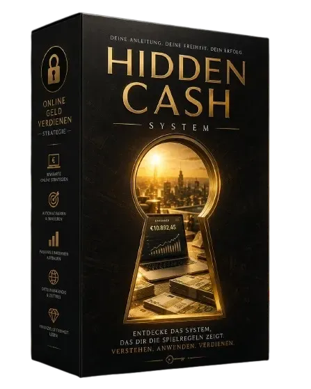 Produktbox des Hidden Cash System mit goldenem Schlüsselloch und Laptop vor einer Stadtansicht
