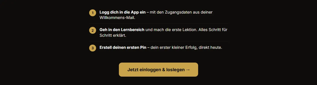 Drei Startschritte nach dem Kauf: in die App einloggen, erste Lektion im Lernbereich, ersten Pin erstellen