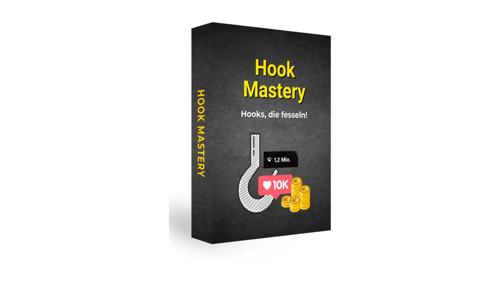 Schwarze Kursbox Hook Mastery mit gelber Schrift, Haken-Grafik, Like-Symbol und Euro-Münzen auf weißem Grund