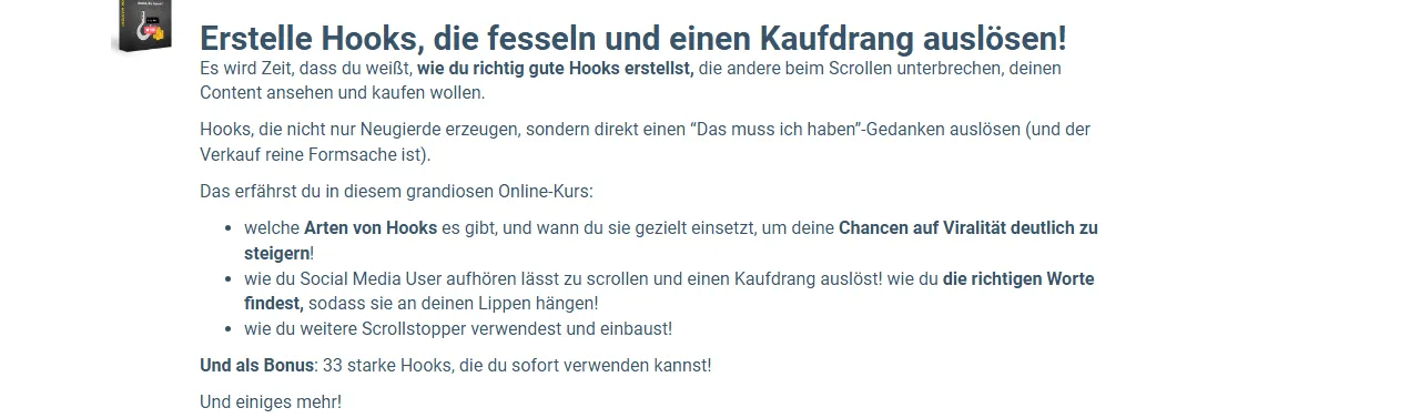 Inhaltsliste von Hook Mastery im Bestellformular mit Arten von Hooks, Scrollstoppern und Bonus